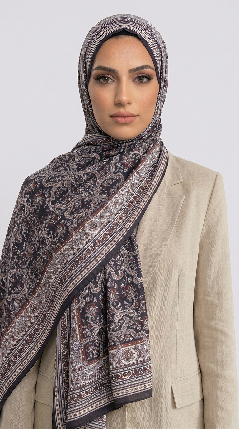 PETRA DESENLİ COTTON ŞAL - HARDAL / SİYAH 