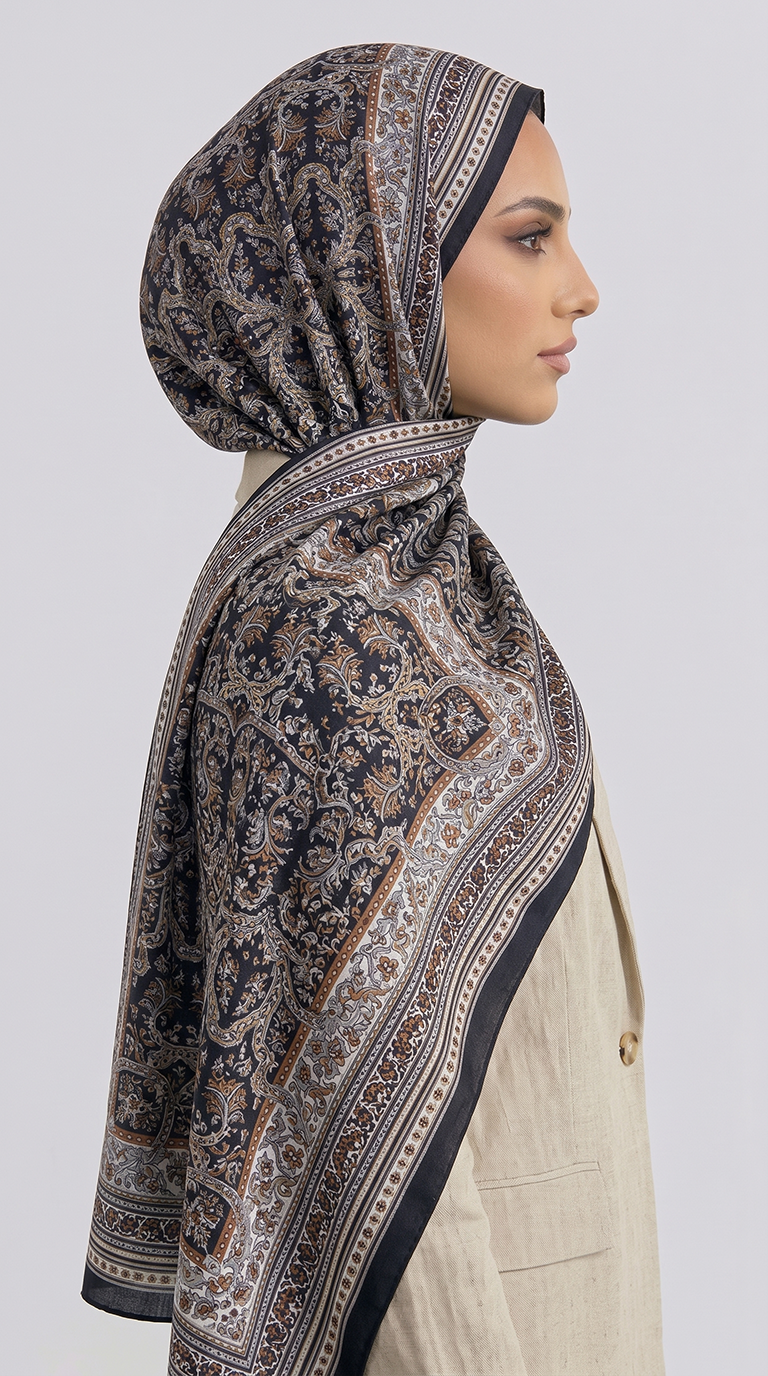 PETRA DESENLİ COTTON ŞAL - HARDAL / SİYAH 