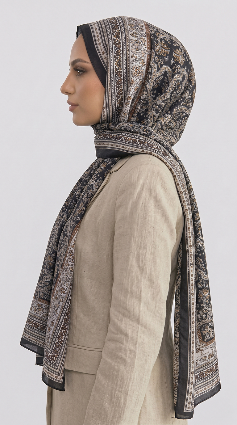 PETRA DESENLİ COTTON ŞAL - HARDAL / SİYAH 