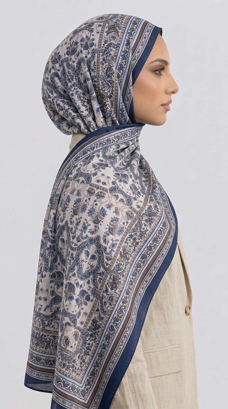 PETRA ETNİK DESEN COTTON ŞAL -  KREM / MAVİ 