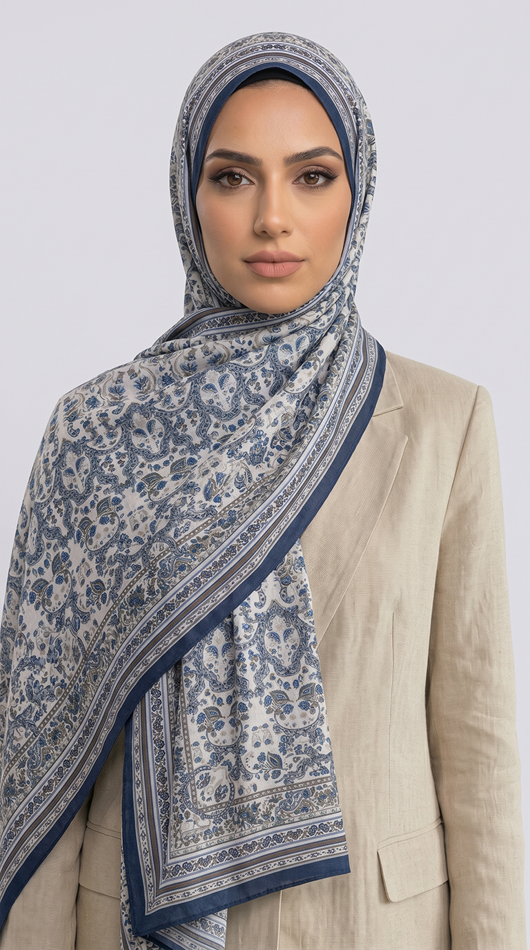 PETRA ETNİK DESEN COTTON ŞAL -  KREM / MAVİ 
