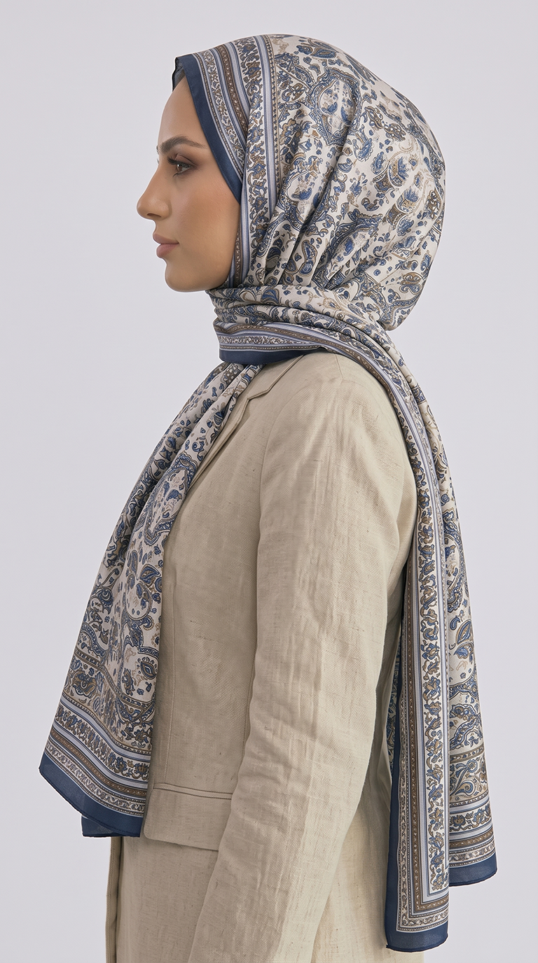 PETRA ETNİK DESEN COTTON ŞAL -  KREM / MAVİ 