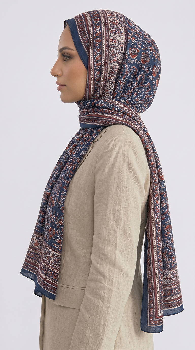 PETRA ETNİK DESEN COTTON ŞAL -  LACİVERT / KIRMIZI 