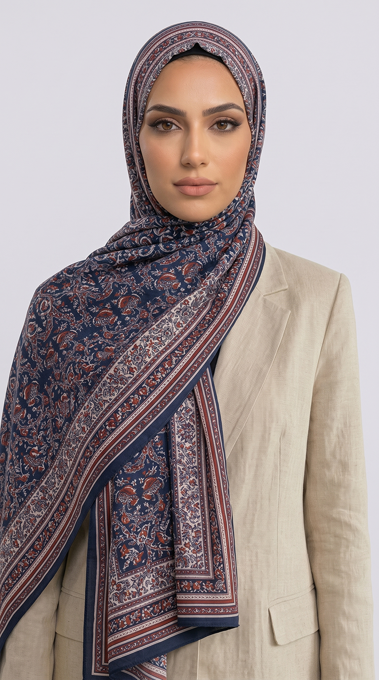 PETRA ETNİK DESEN COTTON ŞAL -  LACİVERT / KIRMIZI 