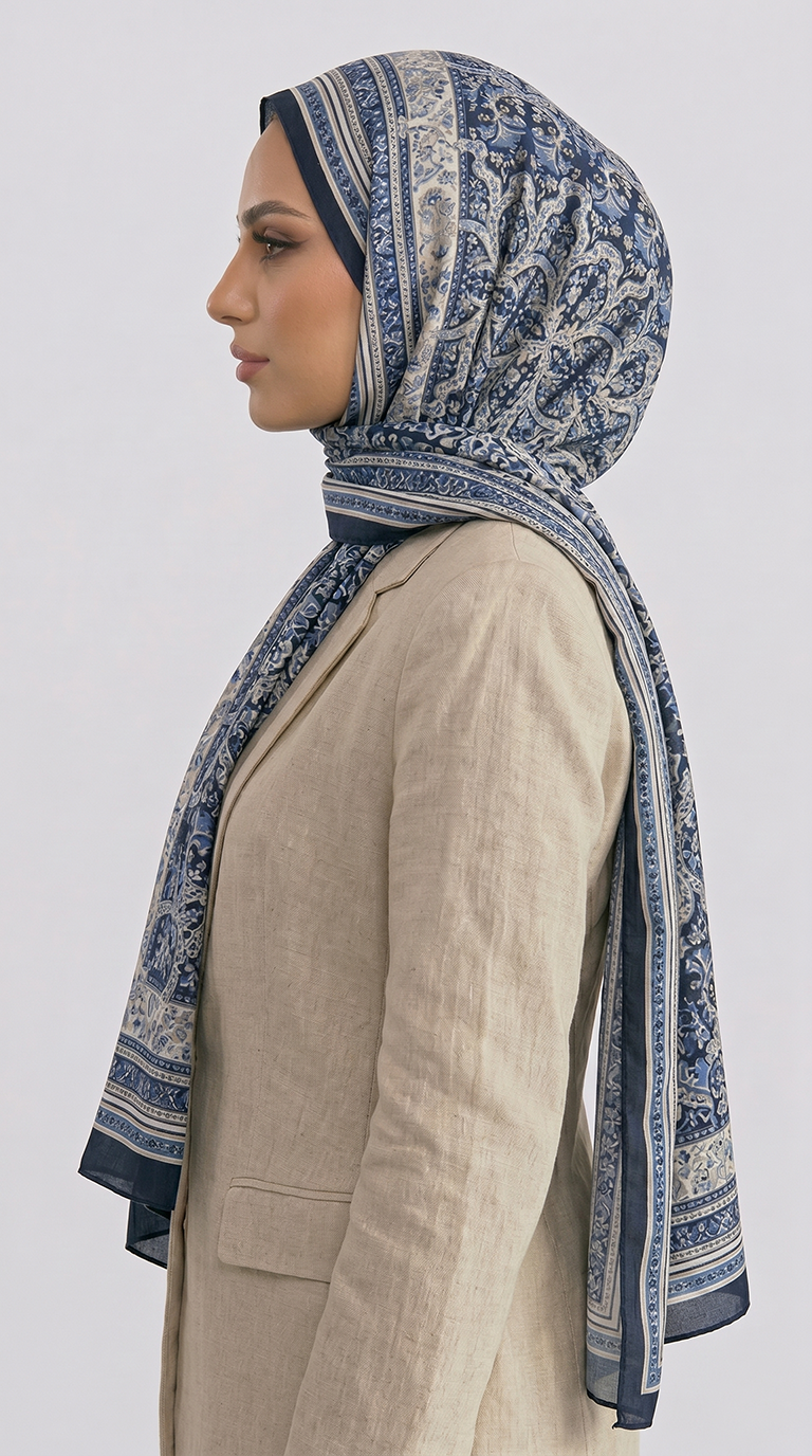 PETRA ETNİK DESEN COTTON ŞAL -  LACİVERT / KREM 
