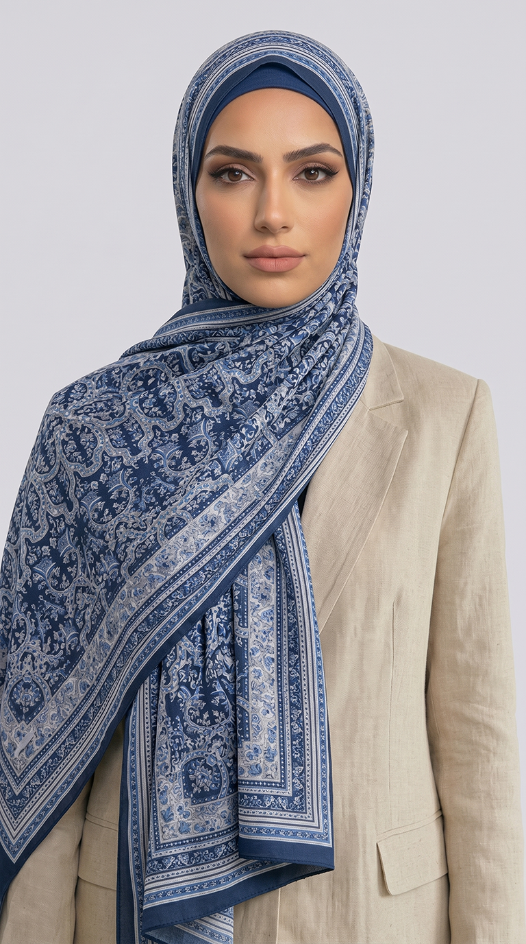 PETRA ETNİK DESEN COTTON ŞAL -  LACİVERT / KREM 