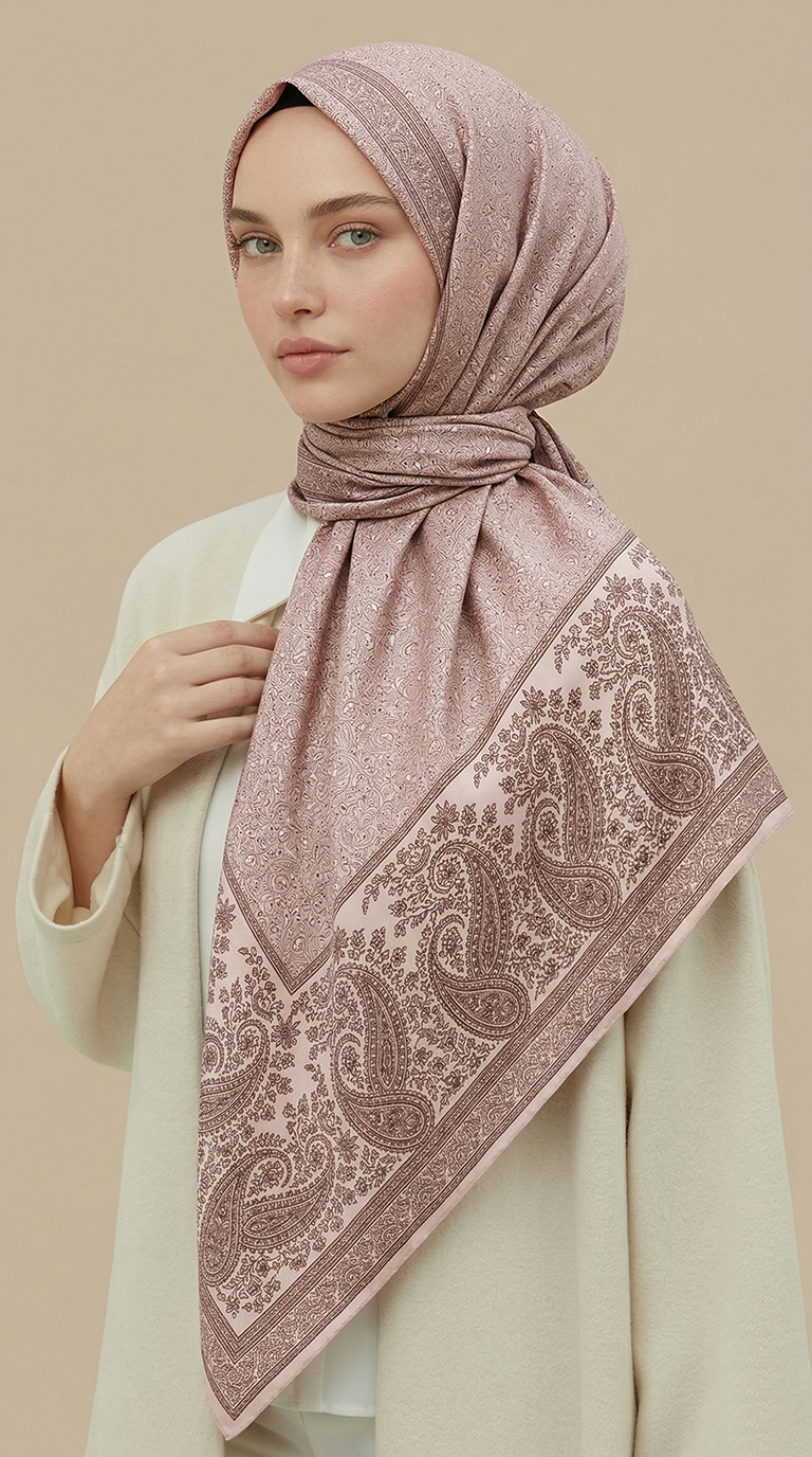 RAVENA DESENLİ 120*120 CM İPEK ŞİFON EŞARP -TOZ PEMBE