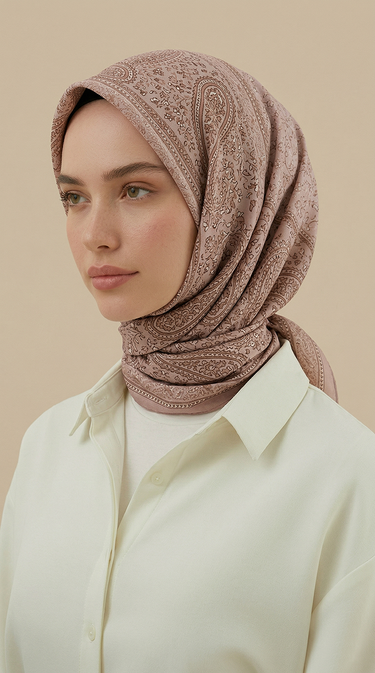 RAVENA DESENLİ 120*120 CM İPEK ŞİFON EŞARP -TOZ PEMBE