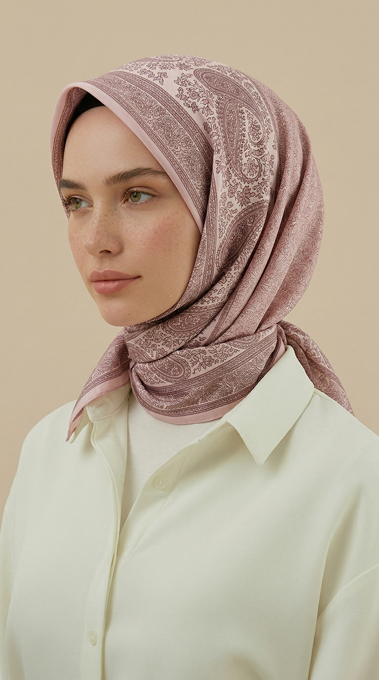 RAVENA DESENLİ 120*120 CM İPEK ŞİFON EŞARP -TOZ PEMBE