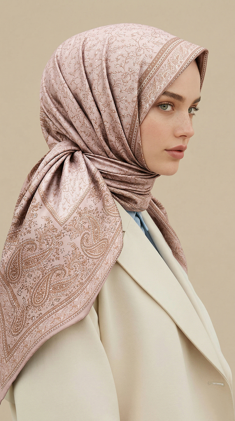 RAVENA DESENLİ 120*120 CM İPEK ŞİFON EŞARP -TOZ PEMBE