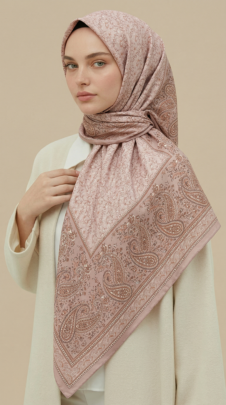 RAVENA DESENLİ 120*120 CM İPEK ŞİFON EŞARP -TOZ PEMBE