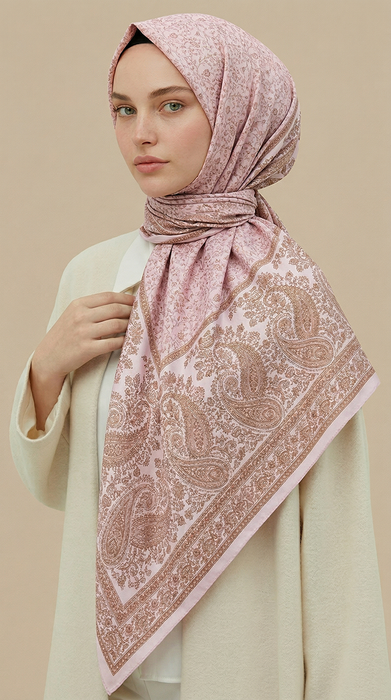 RAVENA DESENLİ 120*120 CM İPEK ŞİFON EŞARP - PEMBE