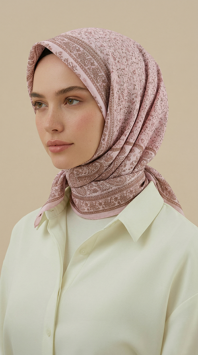 RAVENA DESENLİ 120*120 CM İPEK ŞİFON EŞARP - PEMBE