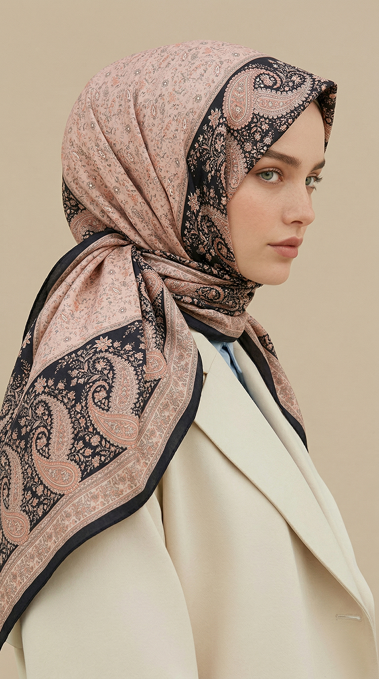 RAVENA DESENLİ 120*120 CM İPEK ŞİFON EŞARP - BEJ / SİYAH 