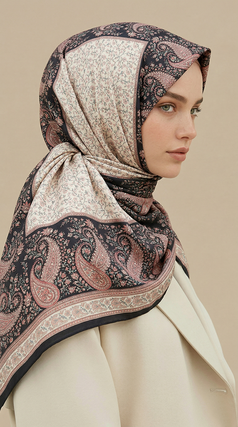 RAVENA DESENLİ 120*120 CM İPEK ŞİFON EŞARP - SİYAH / KIRMIZI 