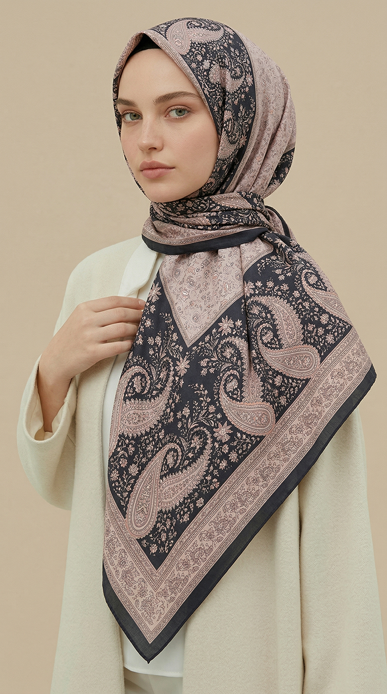 RAVENA DESENLİ 120*120 CM İPEK ŞİFON EŞARP - BEJ / SİYAH 