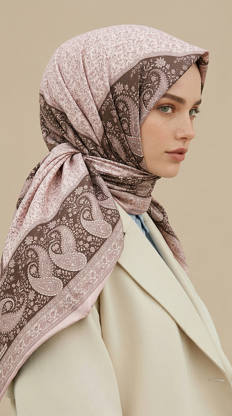 RAVENA DESENLİ 120*120 CM İPEK ŞİFON EŞARP - KAHVERENGİ