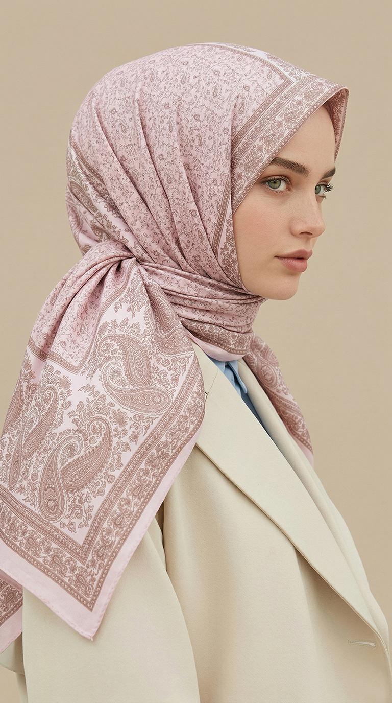 RAVENA DESENLİ 120*120 CM İPEK ŞİFON EŞARP - PEMBE