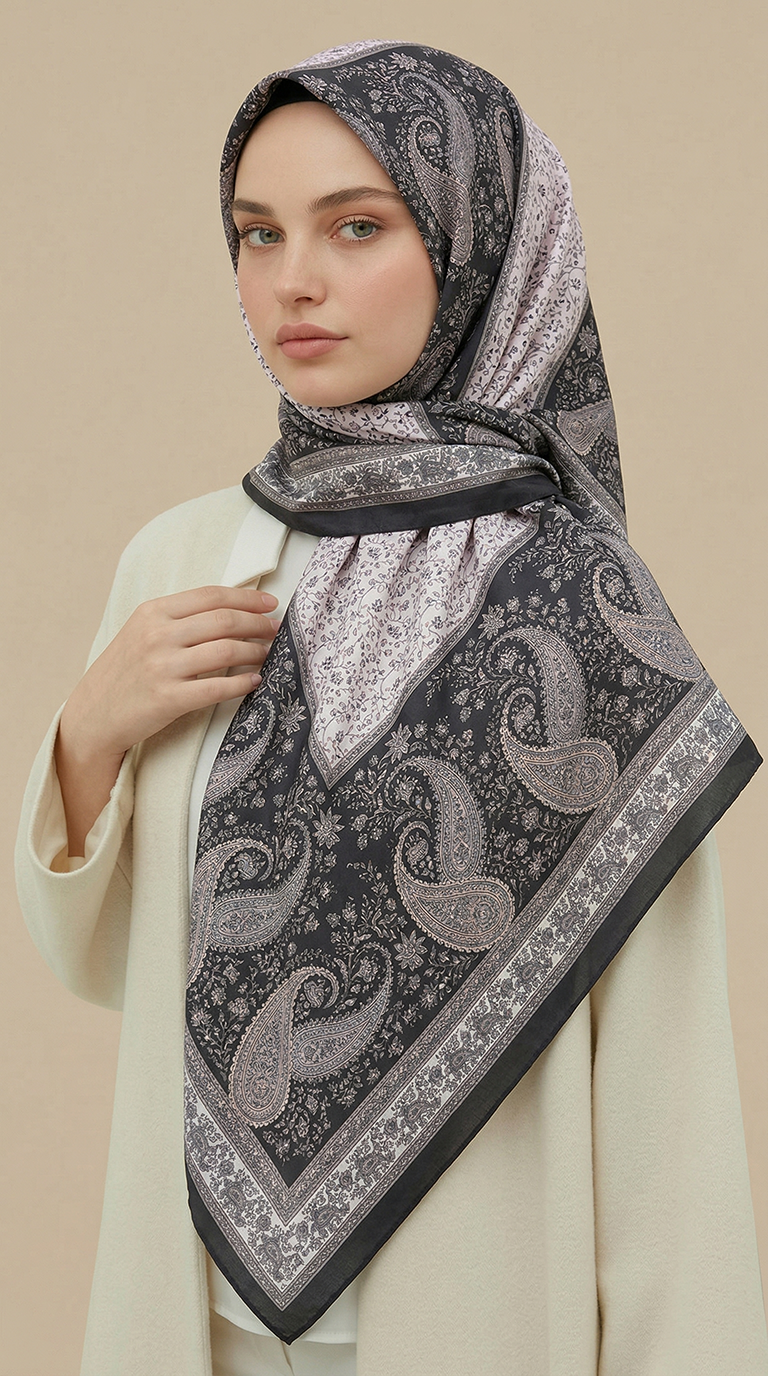 RAVENA DESENLİ 120*120 CM İPEK ŞİFON EŞARP - SİYAH / BEYAZ