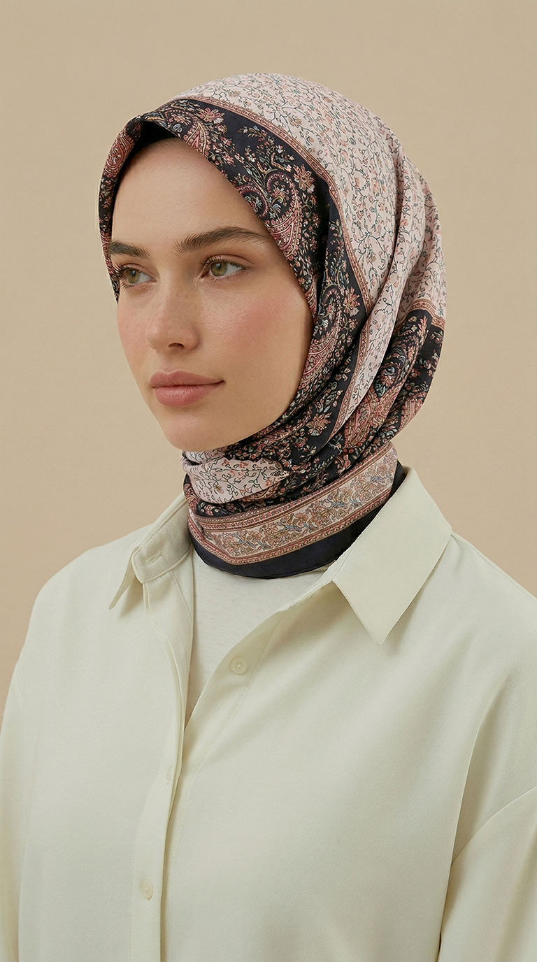 RAVENA DESENLİ 120*120 CM İPEK ŞİFON EŞARP - SİYAH / KIRMIZI 