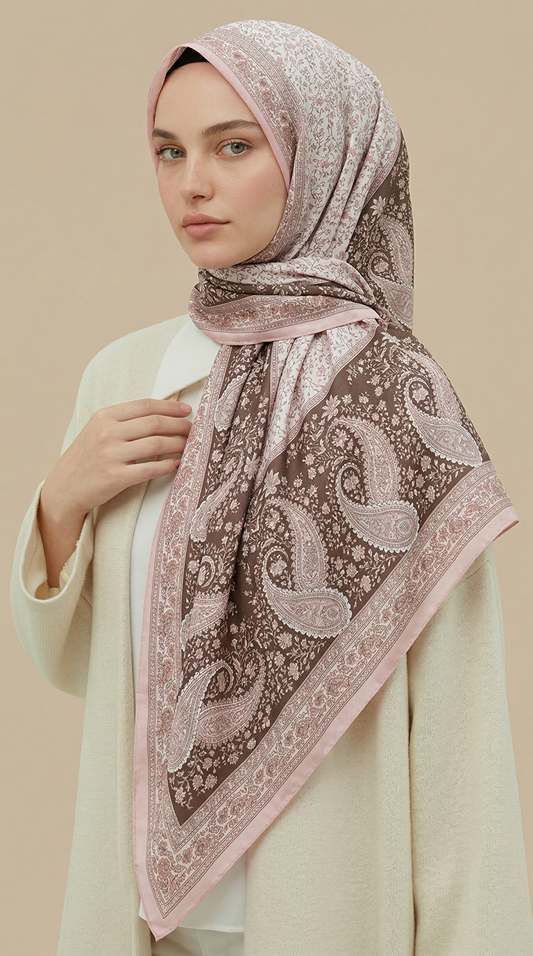 RAVENA DESENLİ 120*120 CM İPEK ŞİFON EŞARP - KAHVERENGİ