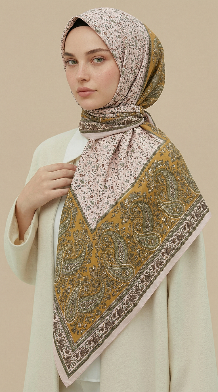 RAVENA DESENLİ 120*120 CM İPEK ŞİFON EŞARP - KREM / HARDAL