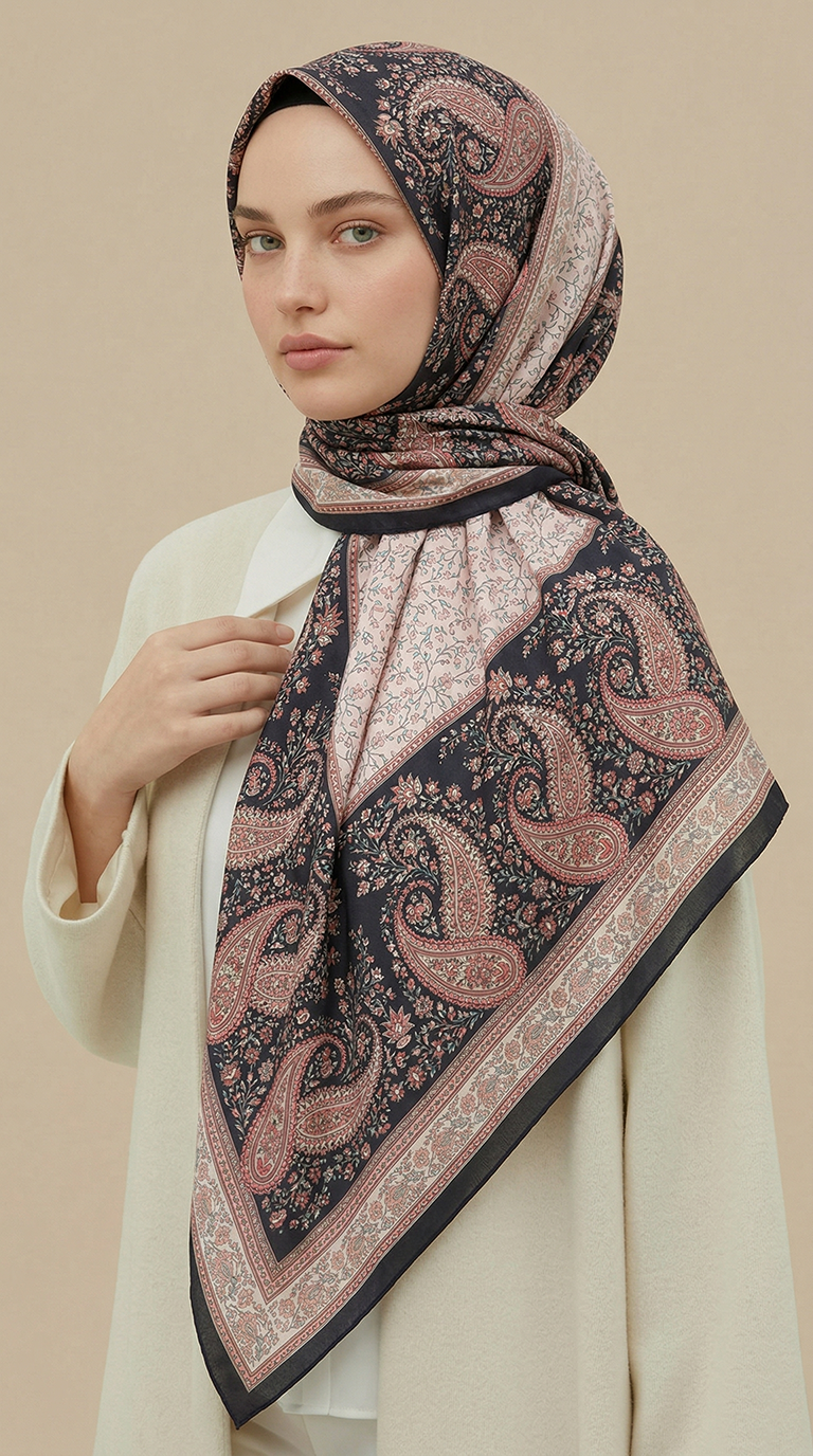 RAVENA DESENLİ 120*120 CM İPEK ŞİFON EŞARP - SİYAH / KIRMIZI 