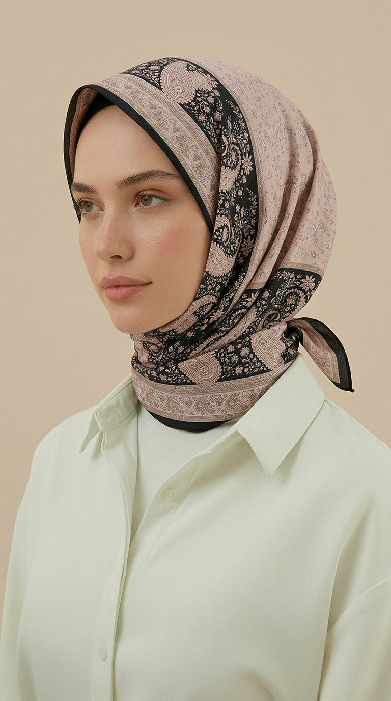 RAVENA DESENLİ 120*120 CM İPEK ŞİFON EŞARP - BEJ / SİYAH 