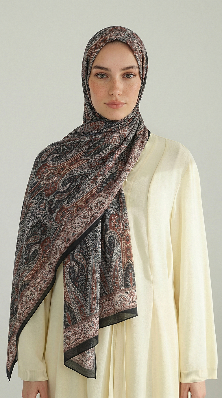 ROYAL ETNİK DESEN COTTON ŞAL - SİYAH / KİREMİT