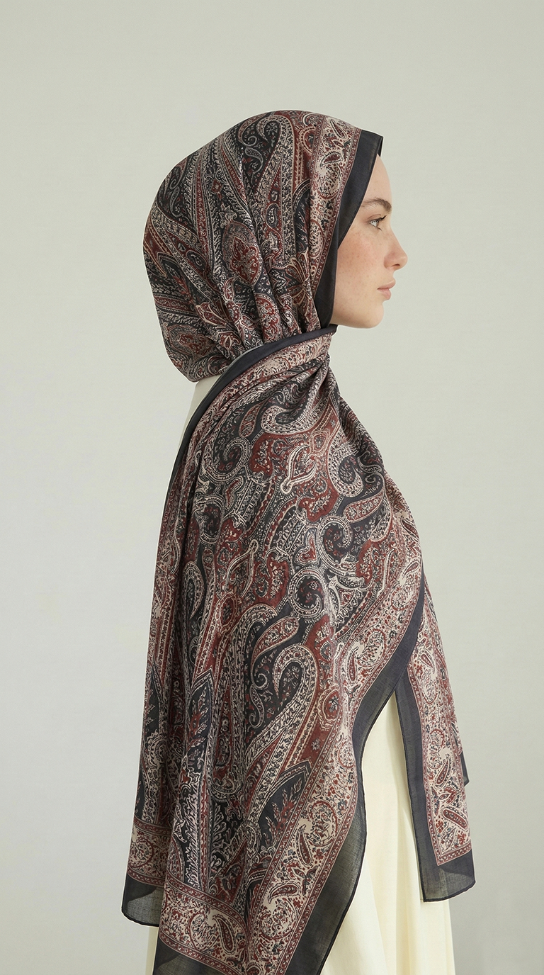 ROYAL ETNİK DESEN COTTON ŞAL - SİYAH / KİREMİT