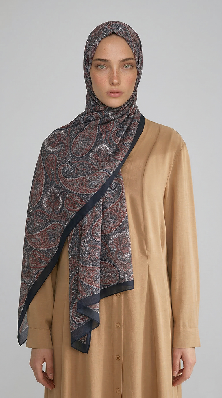 SAPHİRA DESENLİ COTTON ŞAL -LACİVERT / KIRMIZI