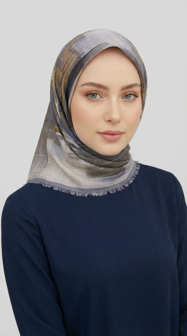 SOYUT DESENLİ YÜN EŞARP - GRİ / İNDİGO