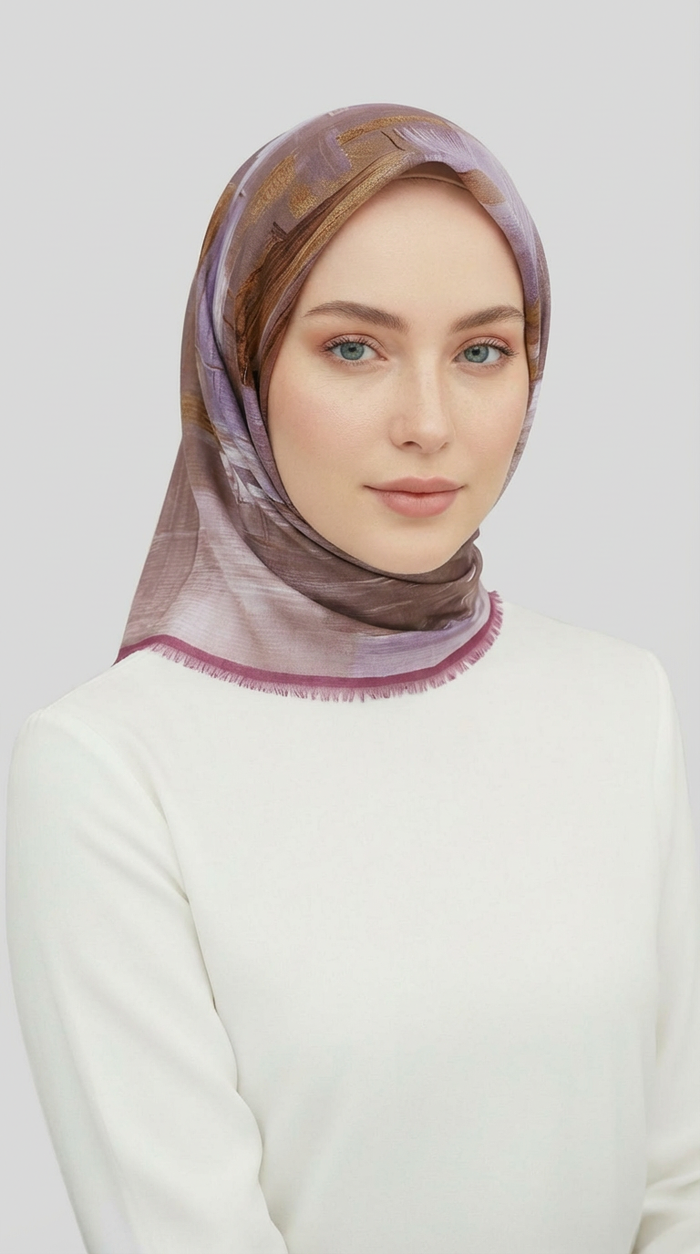 SOYUT DESENLİ YÜN EŞARP -  KAHVERENGİ /LİLA