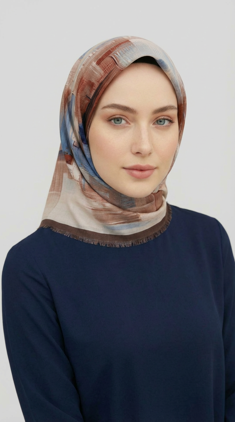 SOYUT DESENLİ YÜN EŞARP -  KAHVERENGİ / MAVİ 