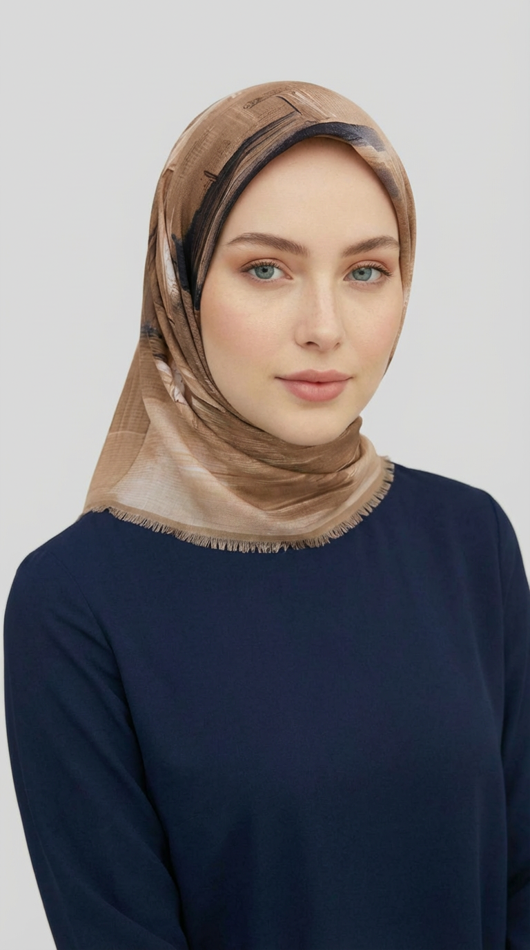 SOYUT DESENLİ YÜN EŞARP -  SİYAH / SÜTLÜ KAHVE 
