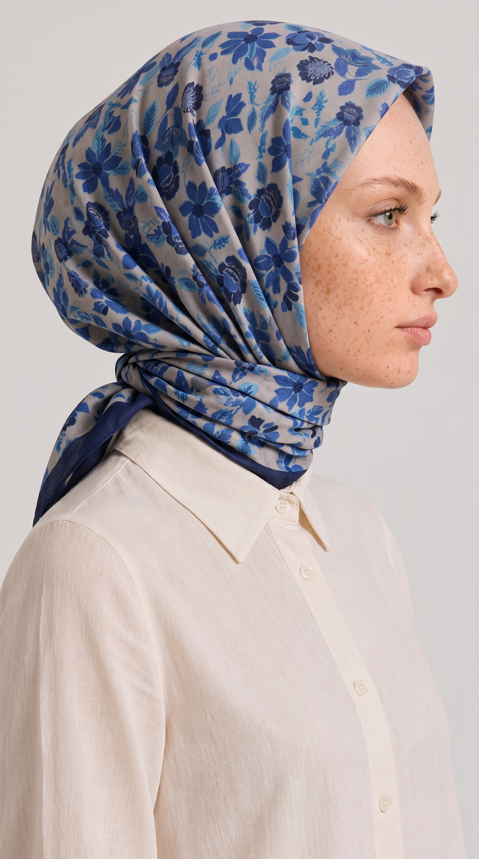 VELORA DESENLİ COTTON EŞARP - MAVİ / KREM 