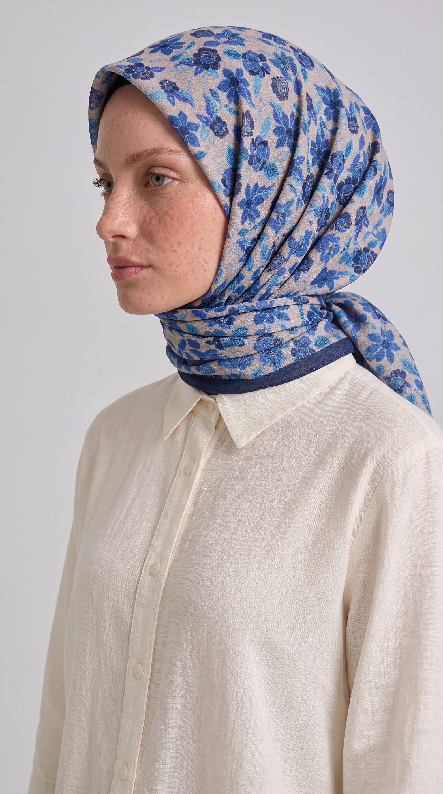 VELORA DESENLİ COTTON EŞARP - MAVİ / KREM 