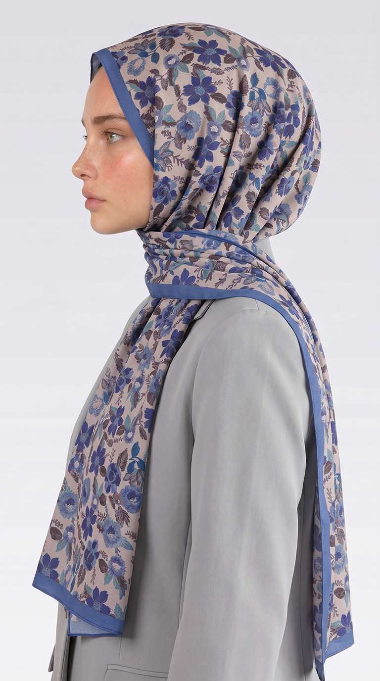 VELORA DESENLİ COTTON ŞAL -  MAVİ / KREM