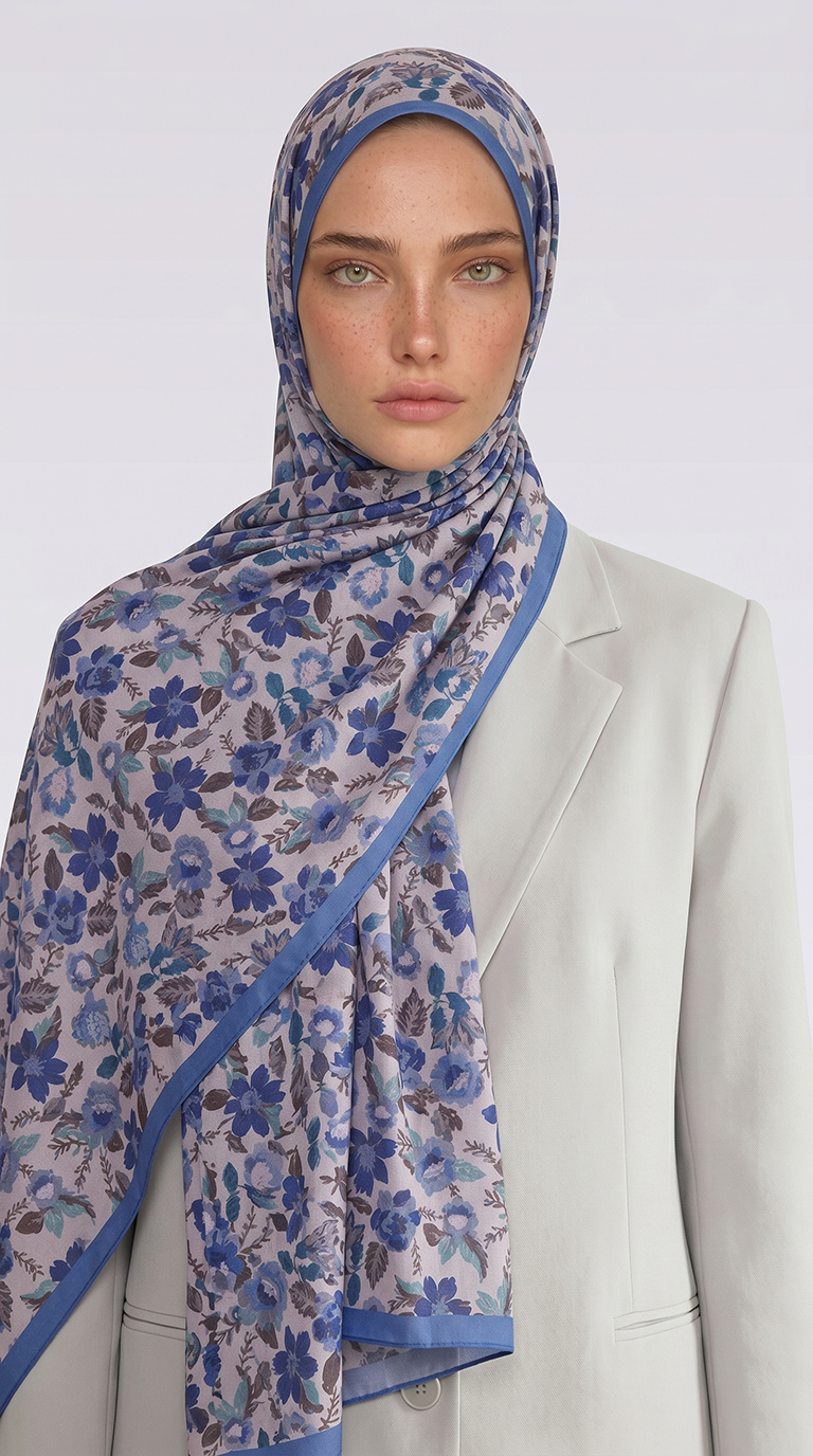 VELORA DESENLİ COTTON ŞAL -  MAVİ / KREM