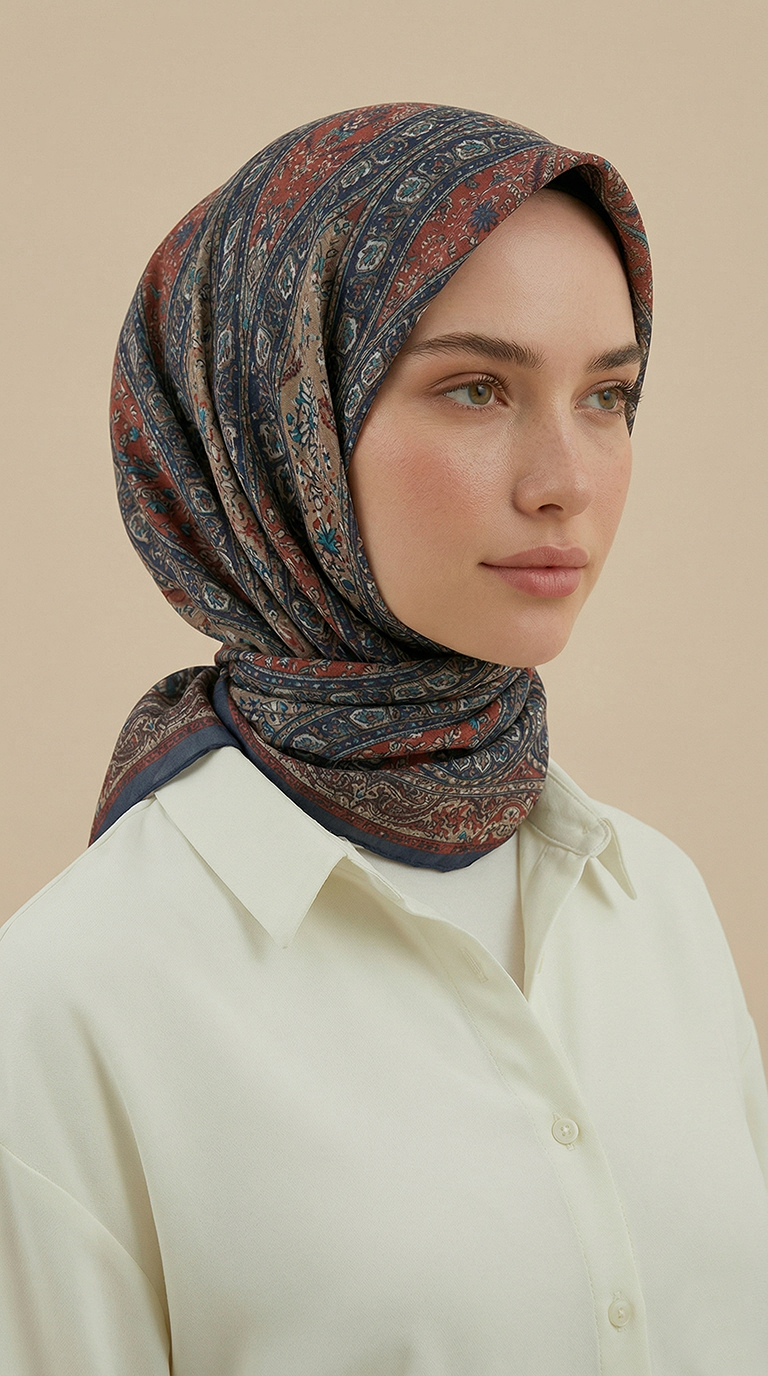 VİRELLA 120*120 CM COTTON ŞAL EŞARP - İNDİGO / TURUNCU 