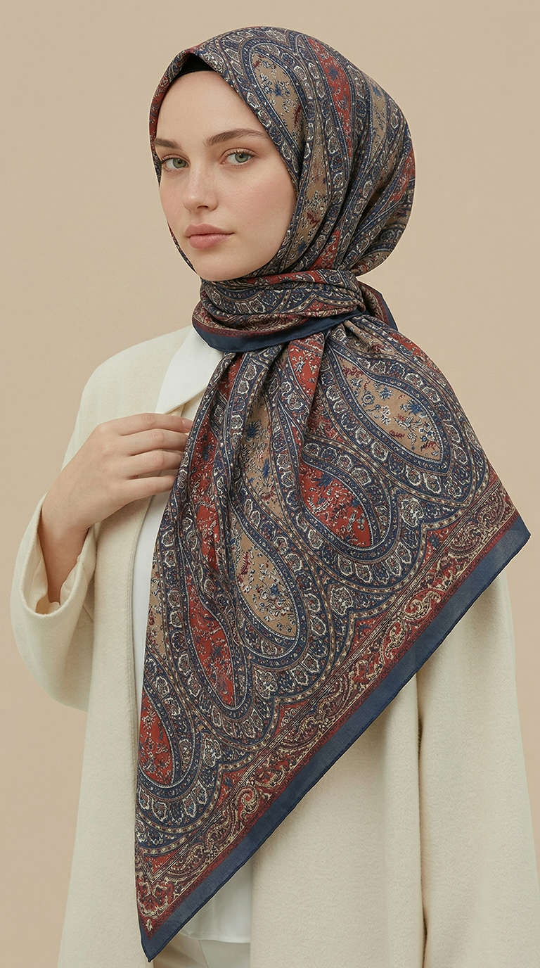 VİRELLA 120*120 CM COTTON ŞAL EŞARP - İNDİGO / TURUNCU 