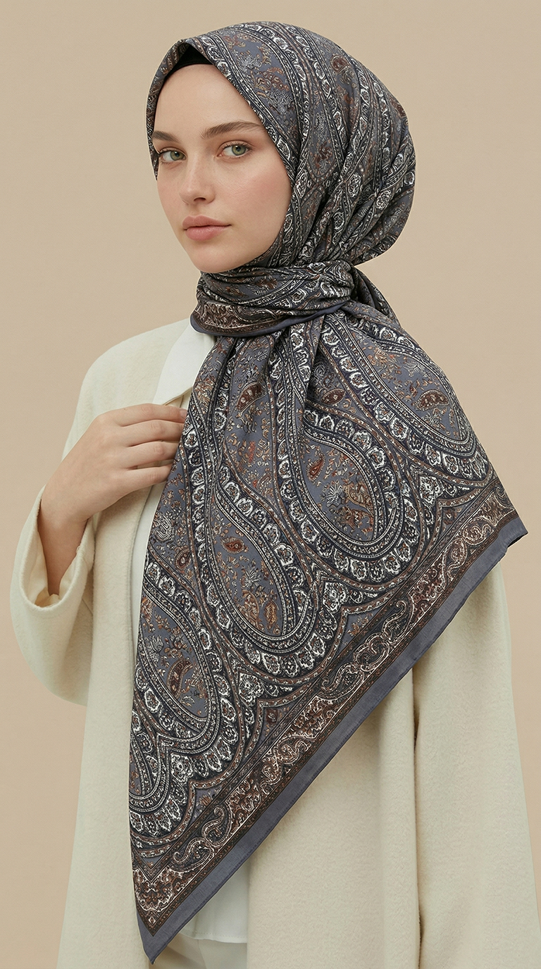 VİRELLA 120*120 CM COTTON ŞAL EŞARP -  KAHVERENGİ / GRİ 