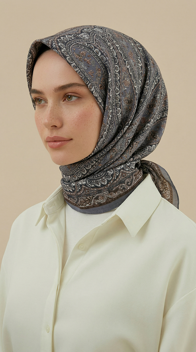 VİRELLA 120*120 CM COTTON ŞAL EŞARP -  KAHVERENGİ / GRİ 