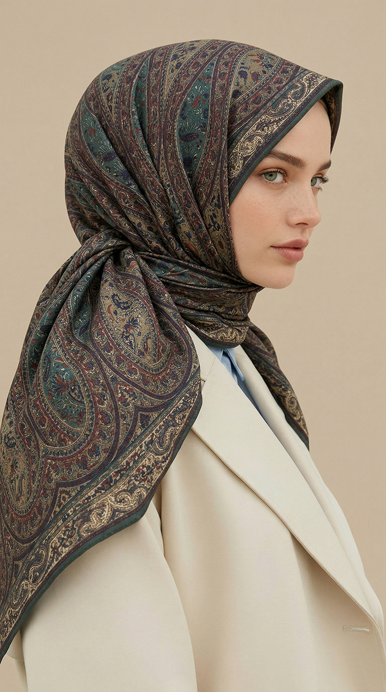 VİRELLA 120*120 CM COTTON ŞAL EŞARP - KİREMİT / YEŞİL