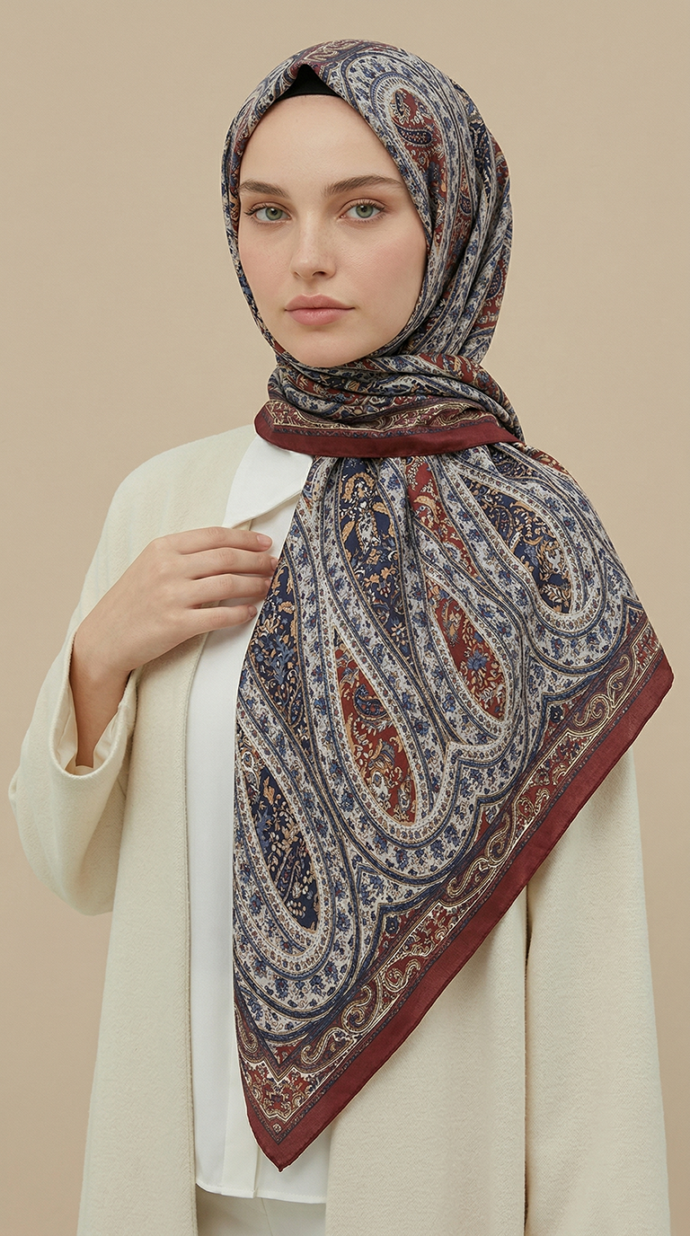 VİRELLA 120*120 CM COTTON ŞAL EŞARP - KIRMIZI / GRİ 