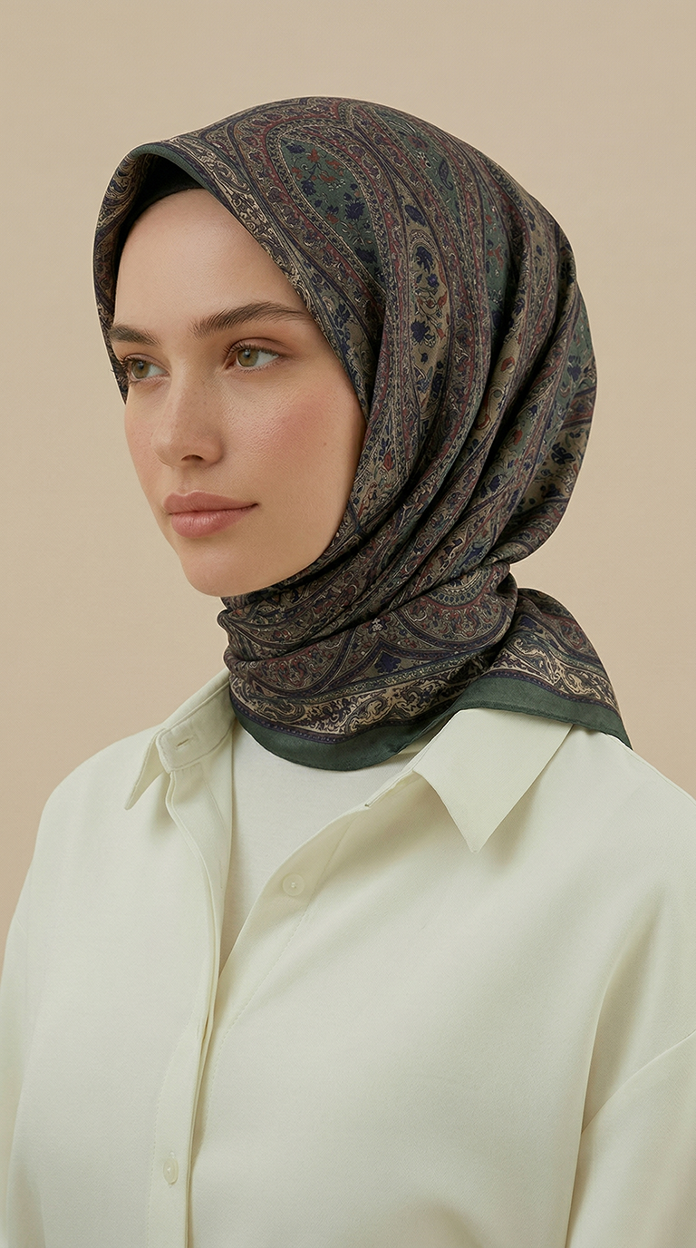 VİRELLA 120*120 CM COTTON ŞAL EŞARP - KİREMİT / YEŞİL