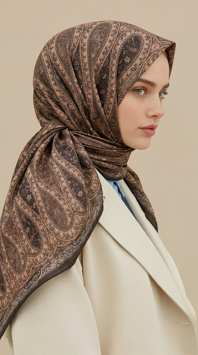 VİRELLA 120*120 CM COTTON ŞAL EŞARP -  KOYU BEJ / SARI 