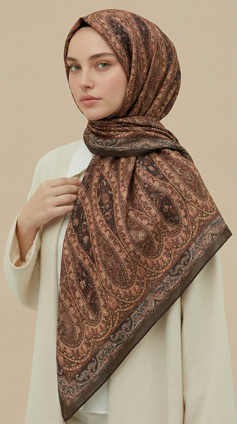 VİRELLA 120*120 CM COTTON ŞAL EŞARP -  KOYU BEJ / SARI 