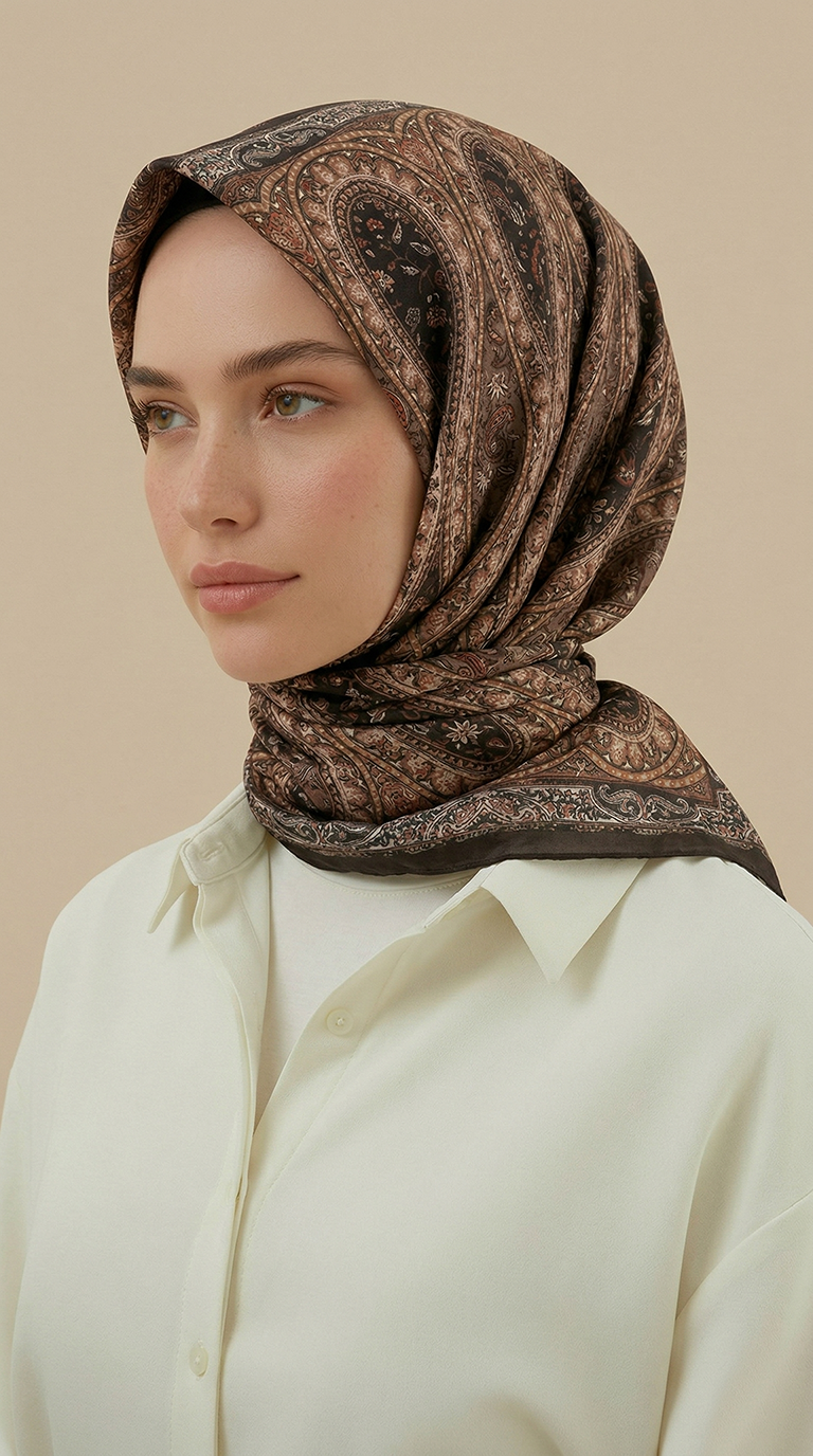 VİRELLA 120*120 CM COTTON ŞAL EŞARP -  KOYU BEJ / SARI 