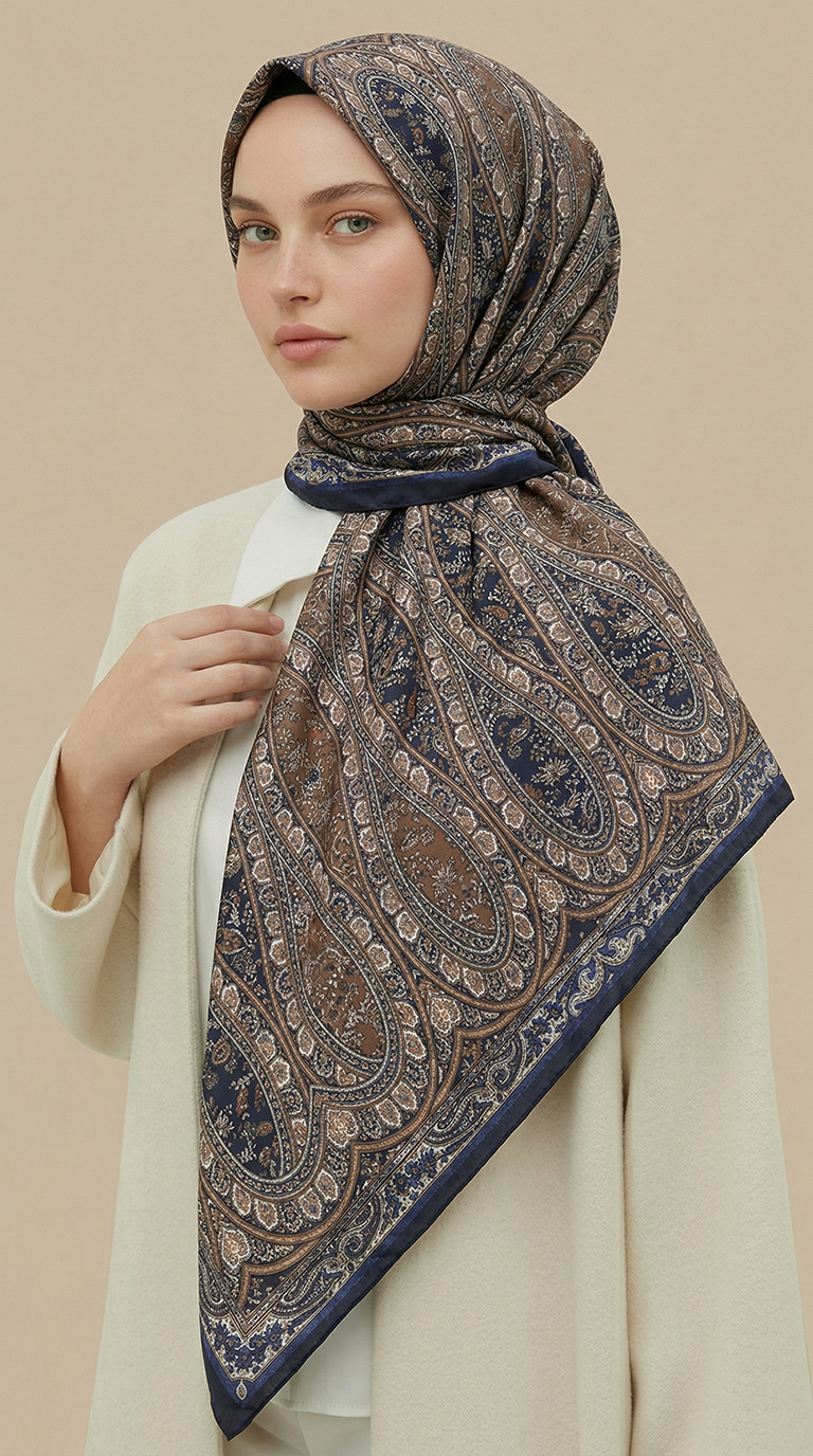 VİRELLA 120*120 CM COTTON ŞAL EŞARP - LACİVERT / BEJ